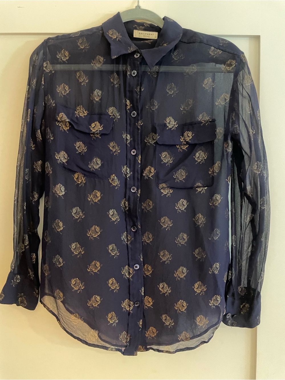 Equipment Navy Sheer Button-Down Blouse w Metallic Flowers 🥀💙🥀 💙🥀